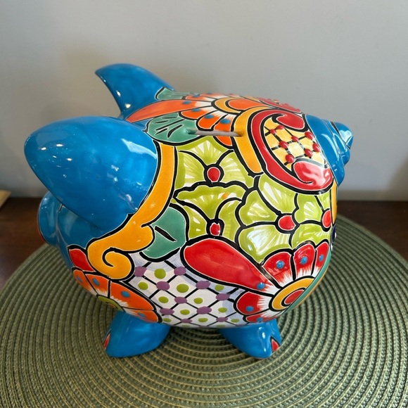 NEW Blue /Flower Mexican Talavera Hand Painted Piggy Bank Clay Colorful Folk Art - Picture 2 of 10